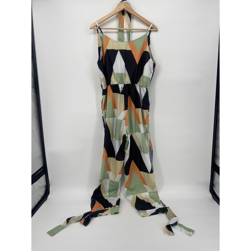 ChicMe Jumpsuit Womens XL Multicolor Excellent Geometric Halter Wide Leg Tie Hem